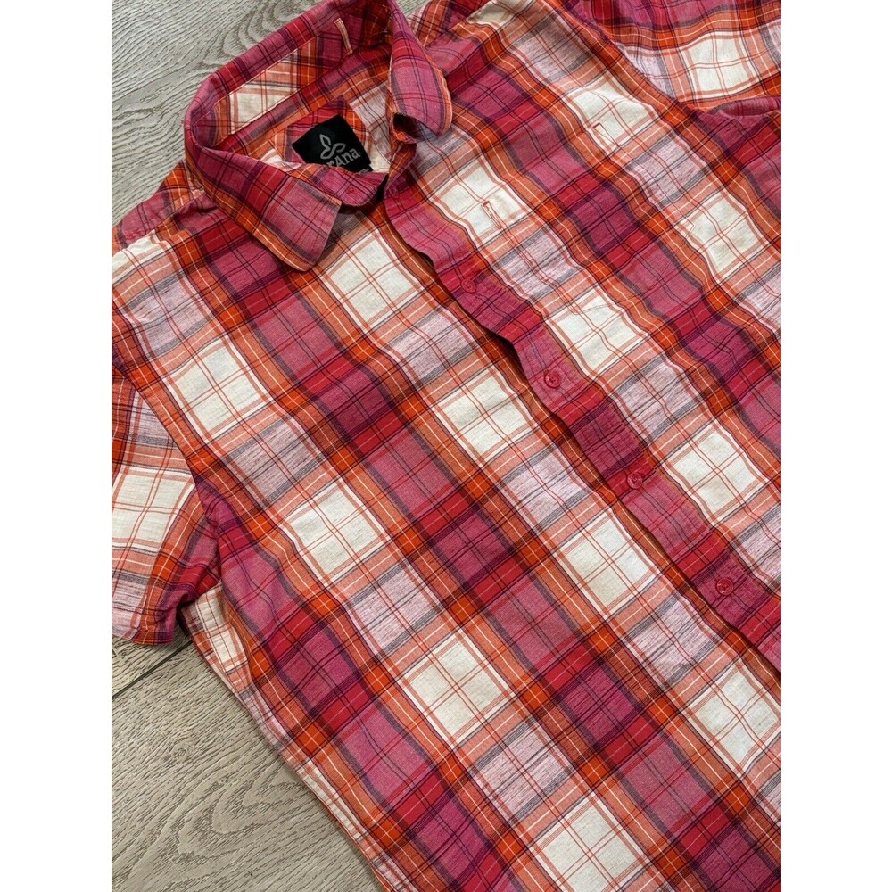 Prana Shirt Mens Large Short Sleeve Button Red Pink Orange White Plaid‎